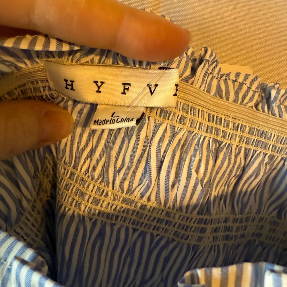 New Blue White Stripe Smocked Square Neck Peplum Crop Blouse Size L cottagecore - Picture 5 of 8